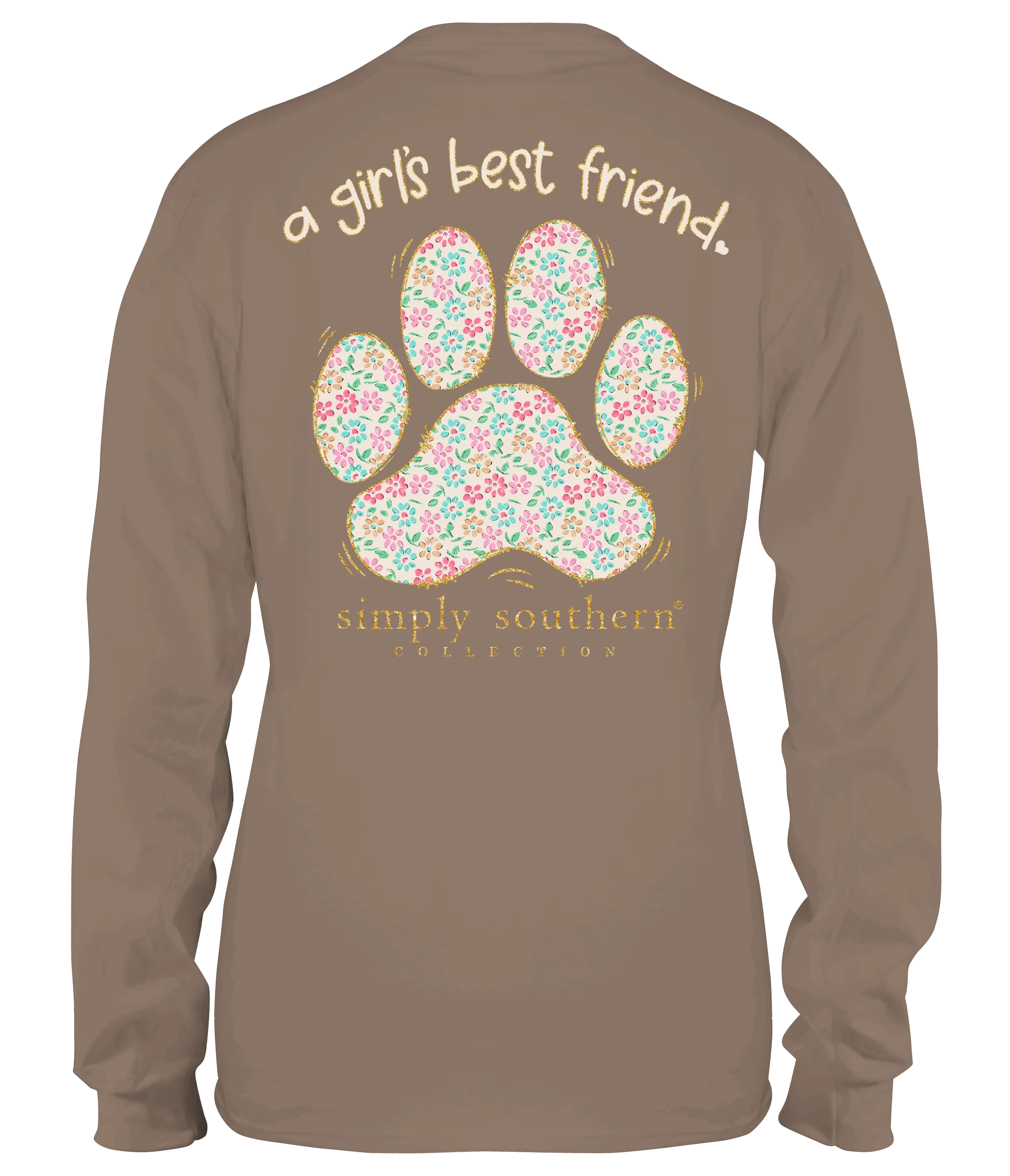 A Girl's Best Friend 100% Cotton Simply Southern Long Sleeve T-Shirt - Army Green with Pastel Flowered Dog Paw