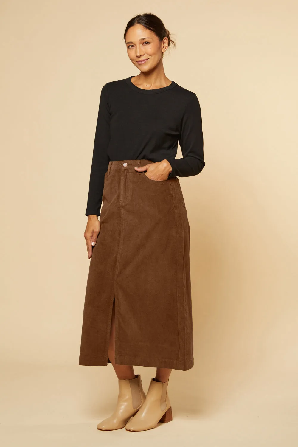 Adrift Split Brushed Cotton Skirt in Chocolate