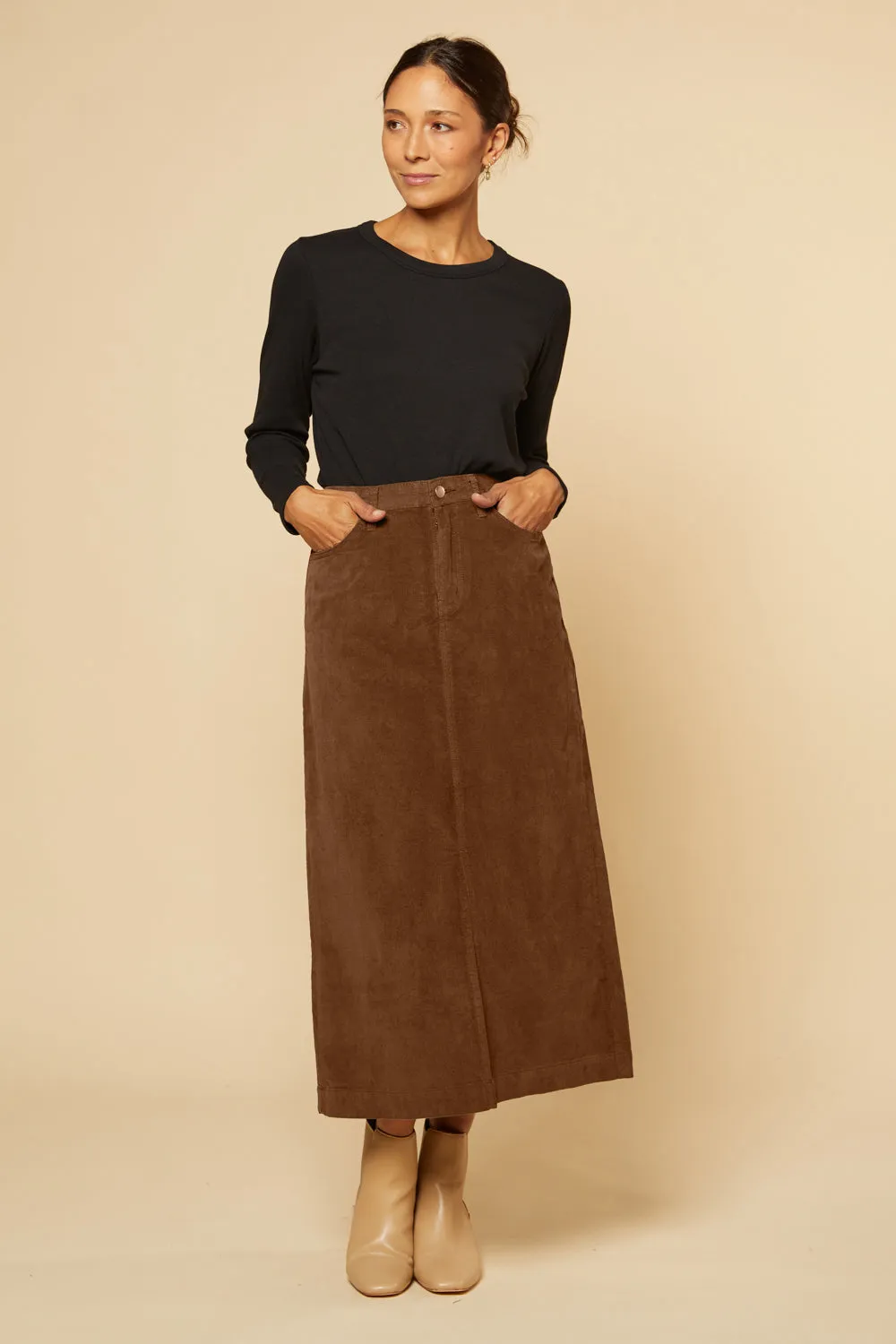 Adrift Split Brushed Cotton Skirt in Chocolate