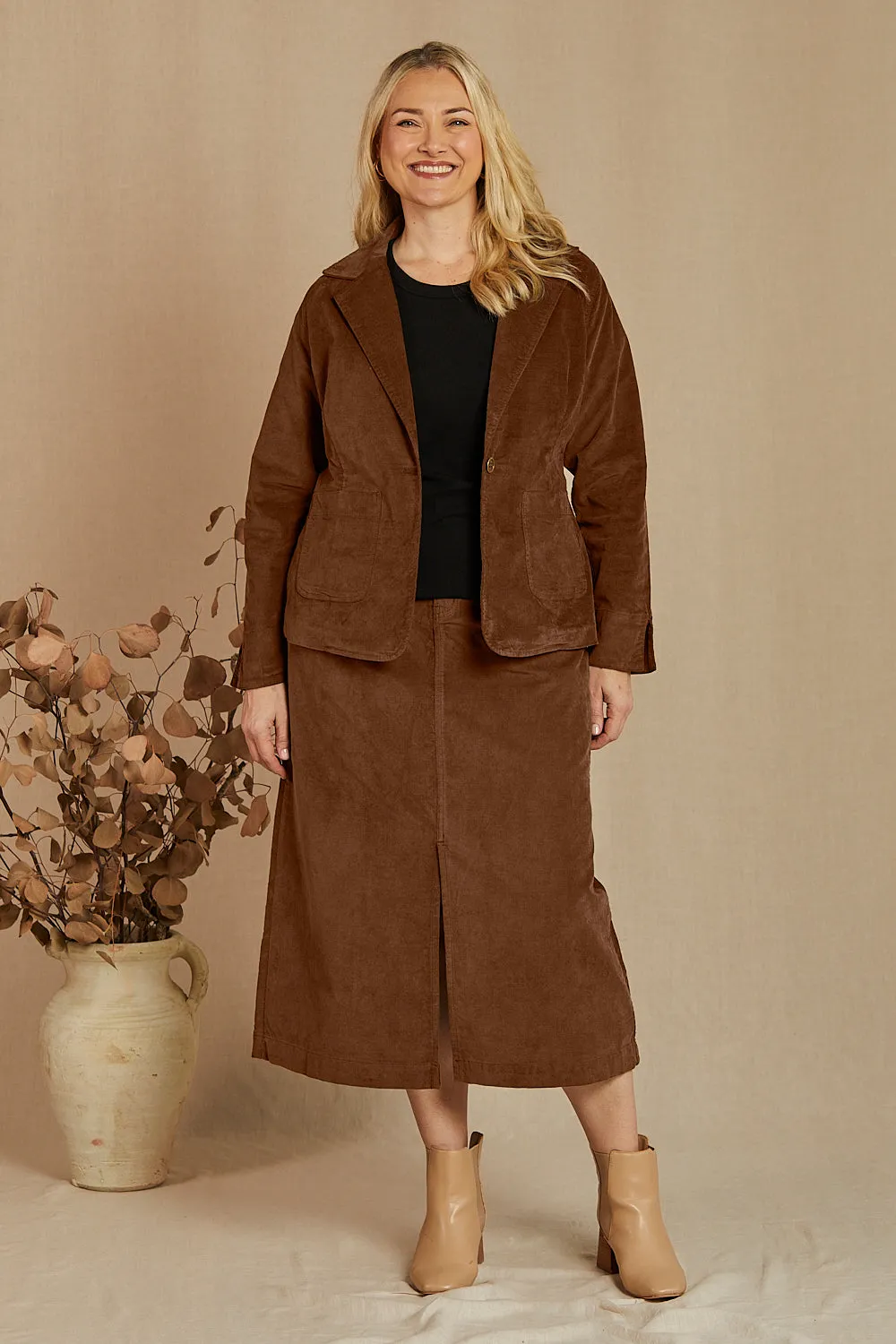 Adrift Split Brushed Cotton Skirt in Chocolate