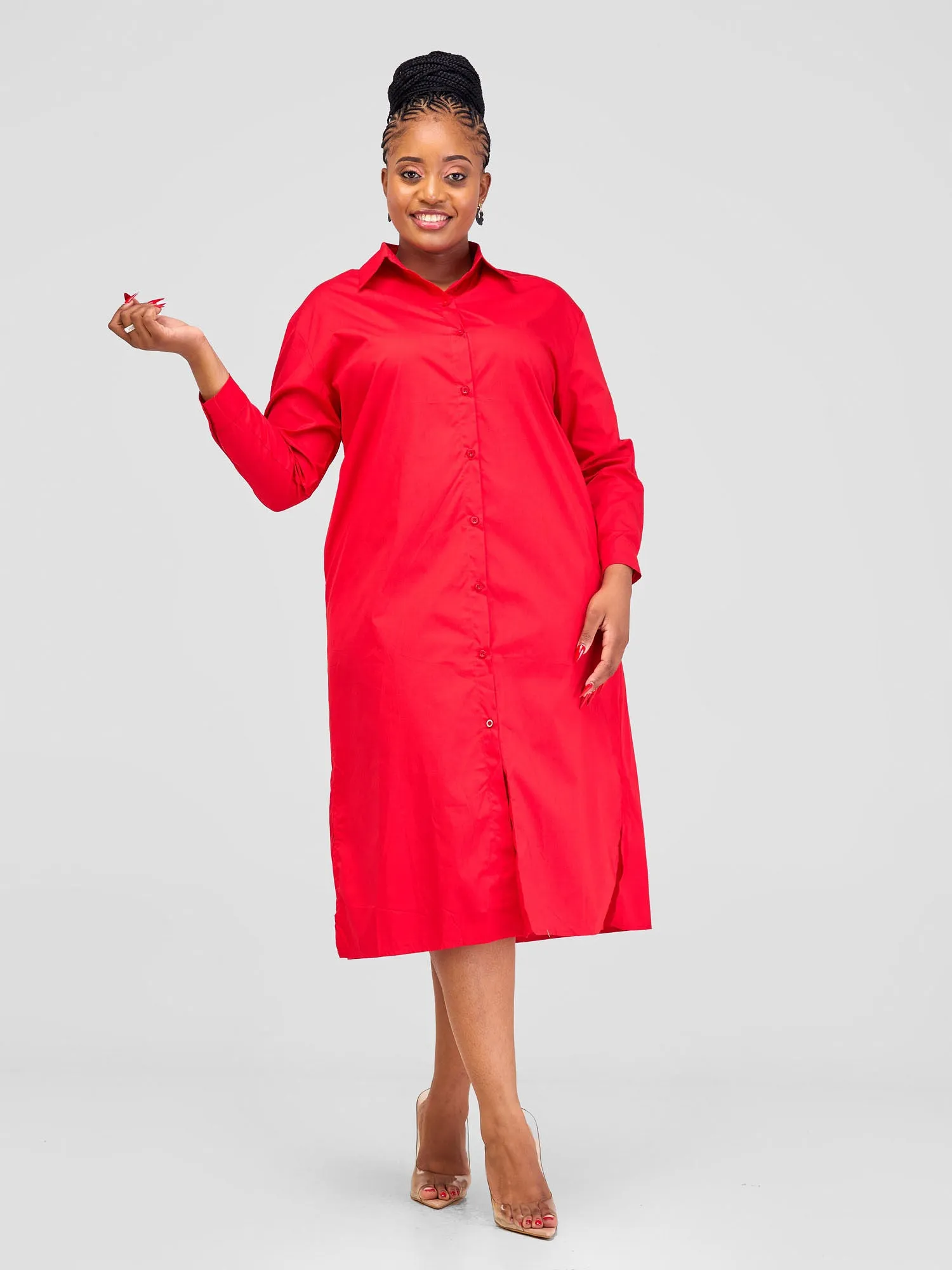 Alara Long Sleeve Maxi Shirt Dress - Red