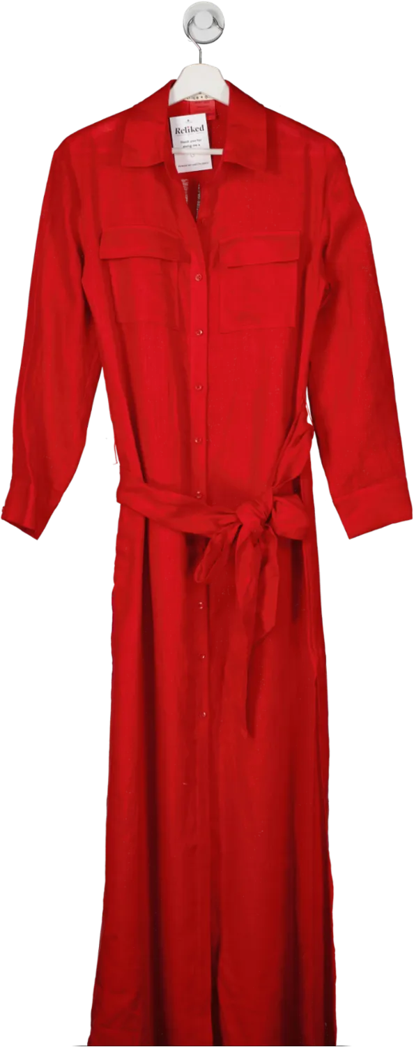 Alice   Olivia Red Keara Belted Linen Maxi Shirt Dress UK S