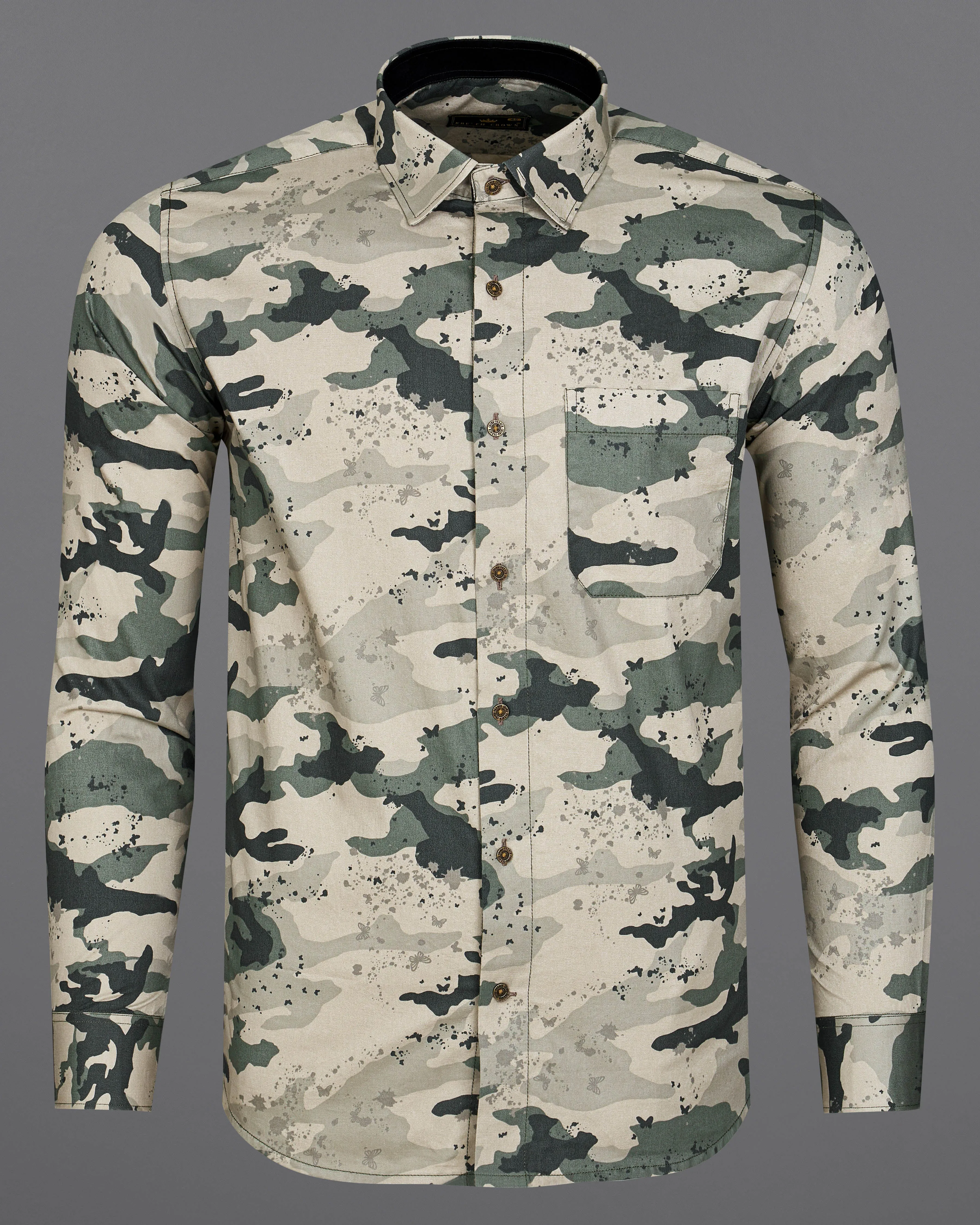 Amber Brown with Outer Space Green Camouflage Printed Royal Oxford Designer Shirt