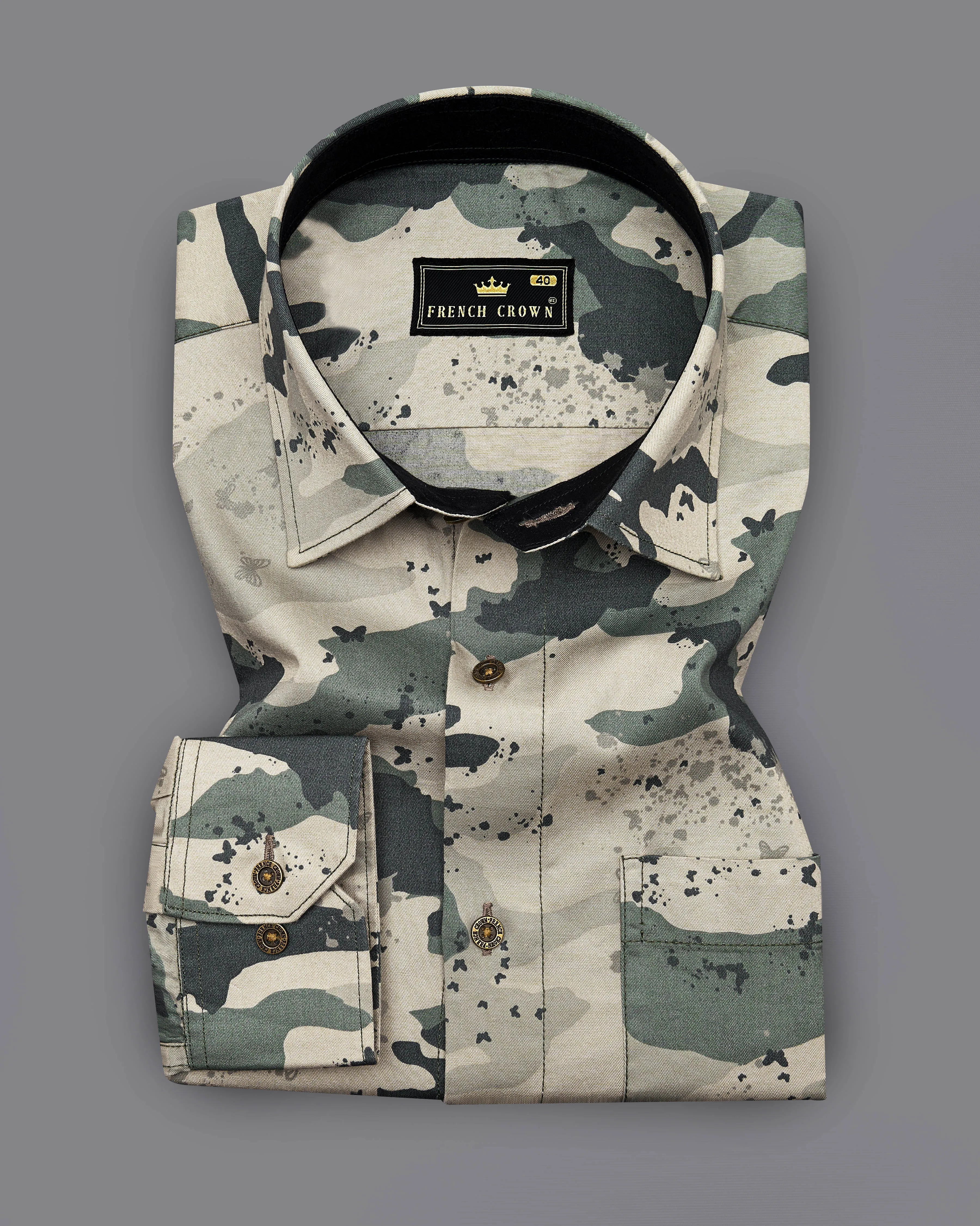 Amber Brown with Outer Space Green Camouflage Printed Royal Oxford Designer Shirt