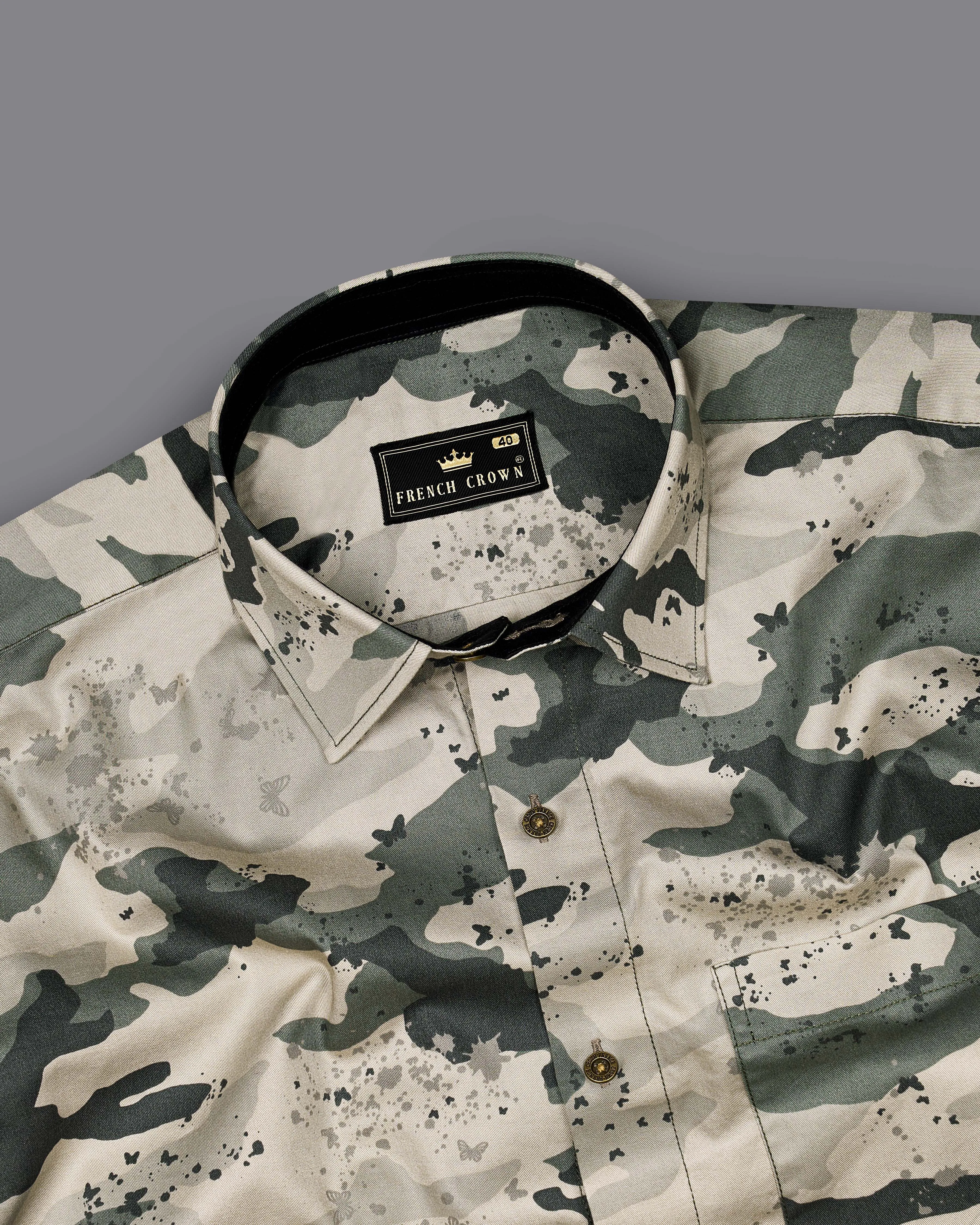 Amber Brown with Outer Space Green Camouflage Printed Royal Oxford Designer Shirt