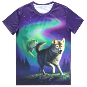 Aurora Wolf Pack Animal Totem Graphic Tee T-Shirt in Purple