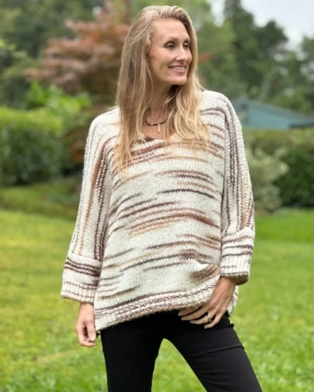 Chunky Knit V-Neck Jumper - Cream With Brown Stripes