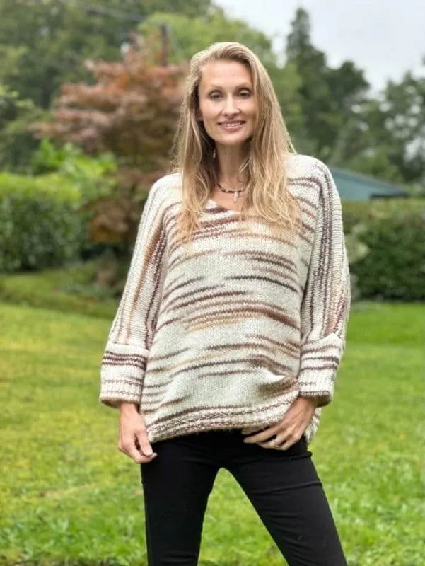 Chunky Knit V-Neck Jumper - Cream With Brown Stripes