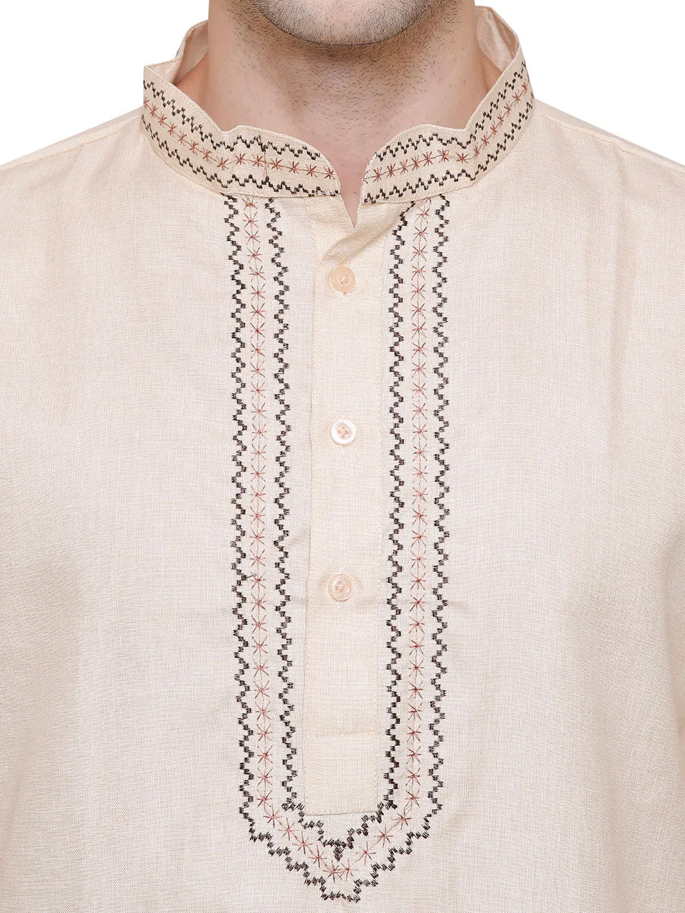 Cotton Embroidered Mens Kurta Pajama India Clothing (Beige)