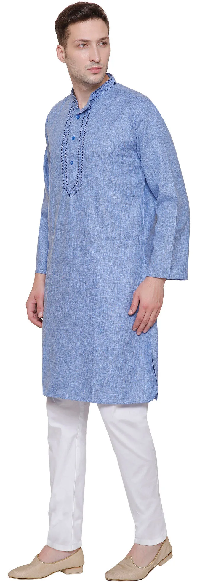 Cotton Embroidered Mens Kurta Pajama India Clothing (Blue)