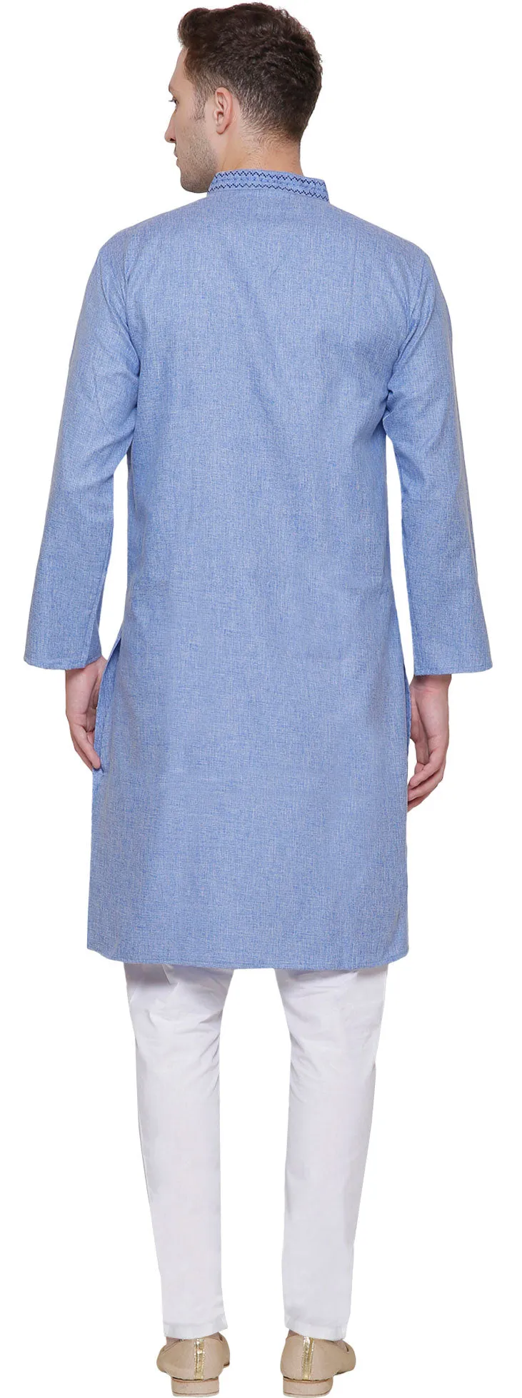 Cotton Embroidered Mens Kurta Pajama India Clothing (Blue)