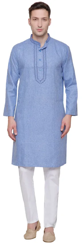 Cotton Embroidered Mens Kurta Pajama India Clothing (Blue)