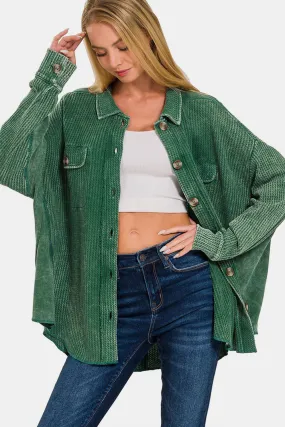 Dark Green Button Up Washed Waffle Shacket