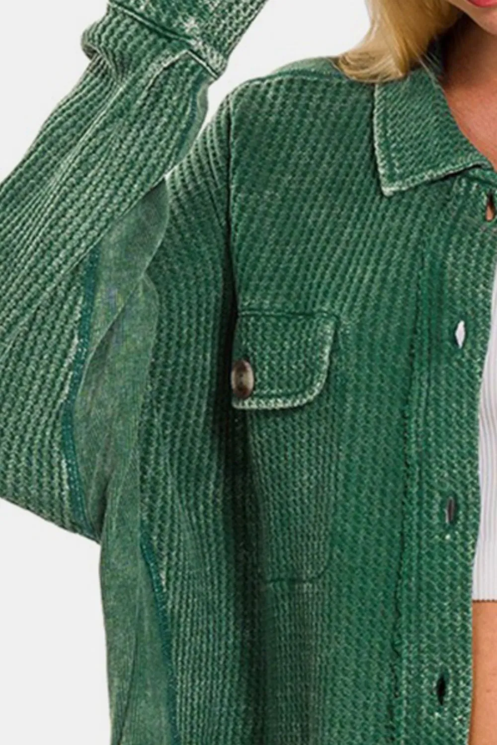 Dark Green Button Up Washed Waffle Shacket