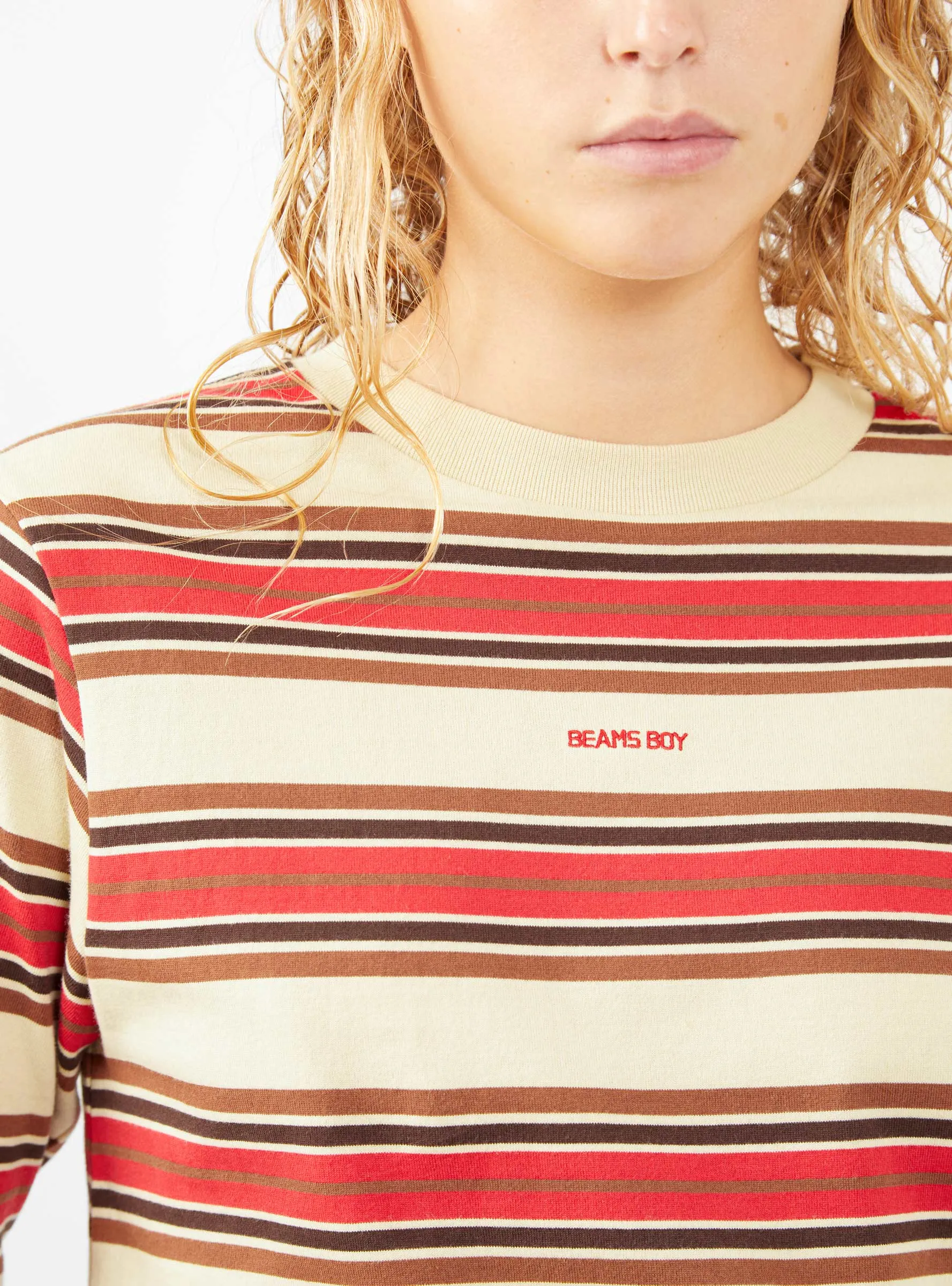 Embroidered T-shirt Beige & Red Stripe