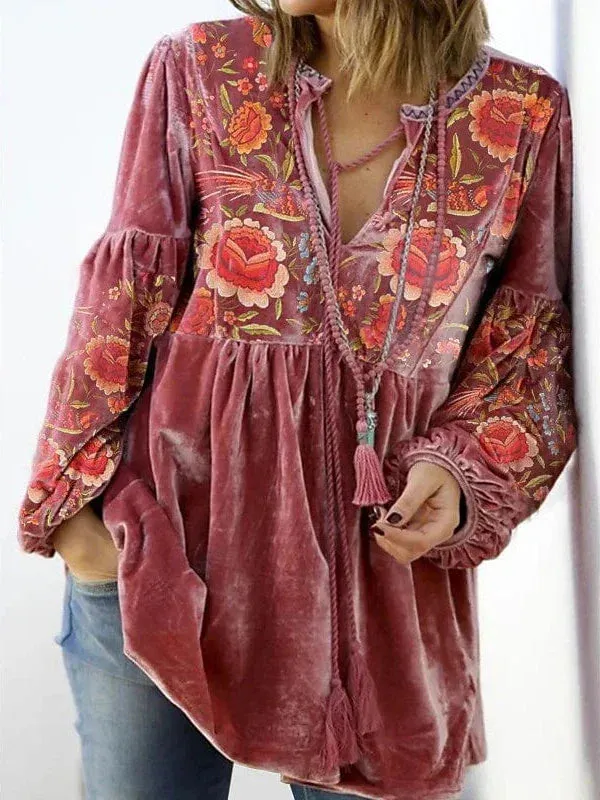 Floral Print Peplum Sleeve Blouse with Long Sleeves