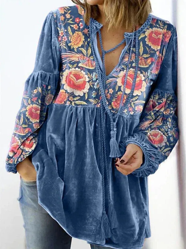 Floral Print Peplum Sleeve Blouse with Long Sleeves