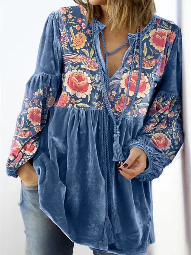 Floral Print Peplum Sleeve Blouse with Long Sleeves