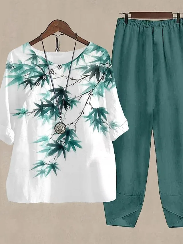 Floral Print Women's Shirt and Pants Set for Fall & Winter