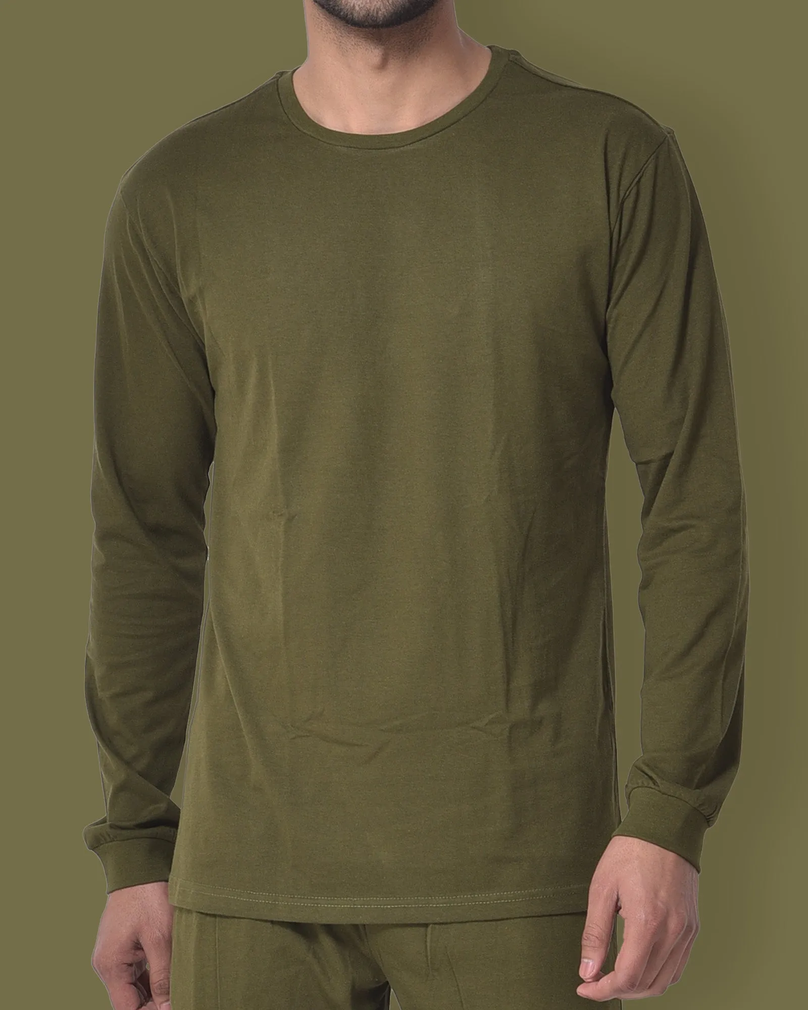 Full Sleeves Crew Neck: Olive Green