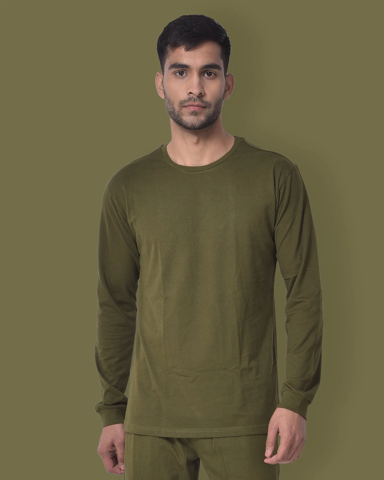 Full Sleeves Crew Neck: Olive Green