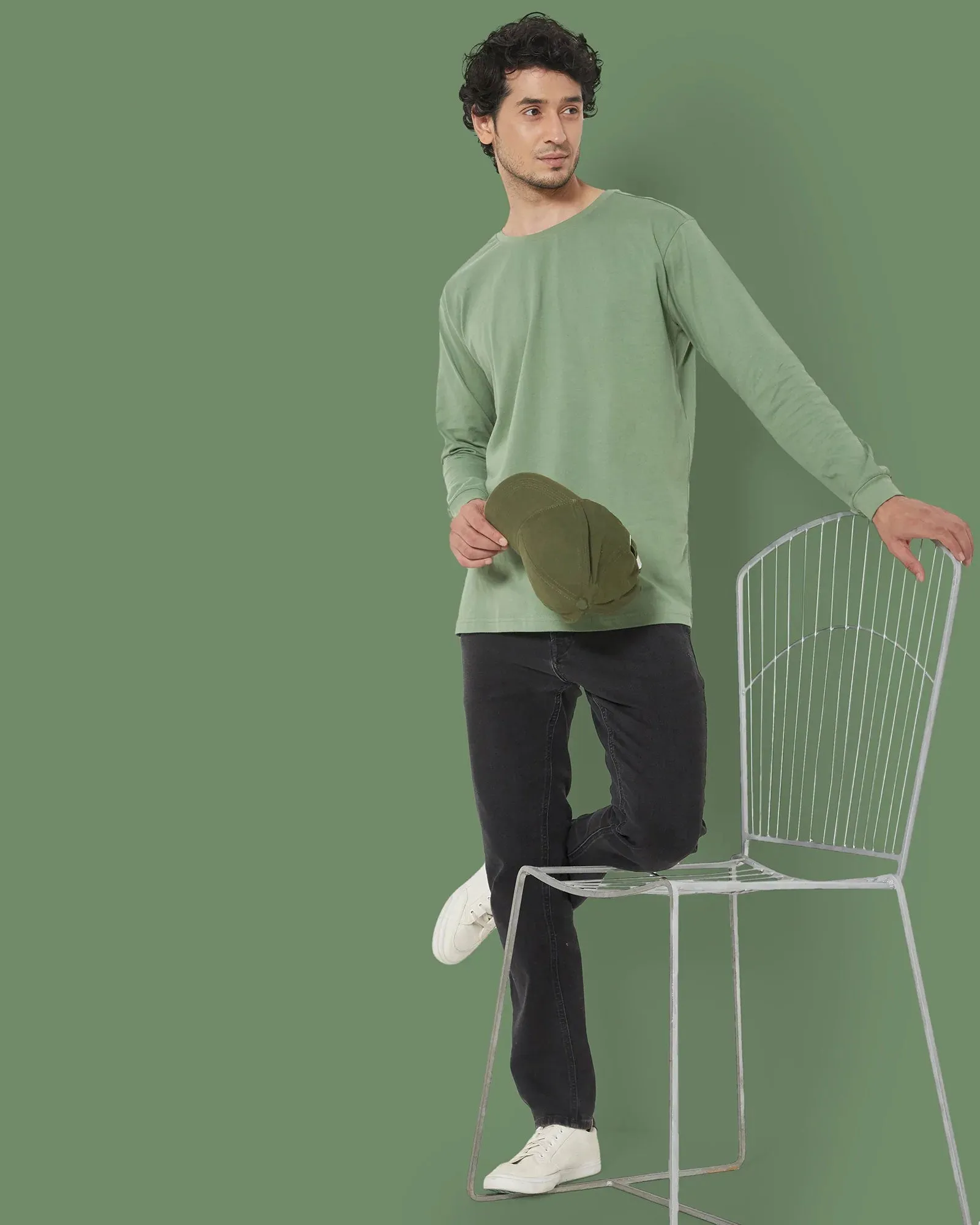 Full Sleeves Crew Neck: Sage Green