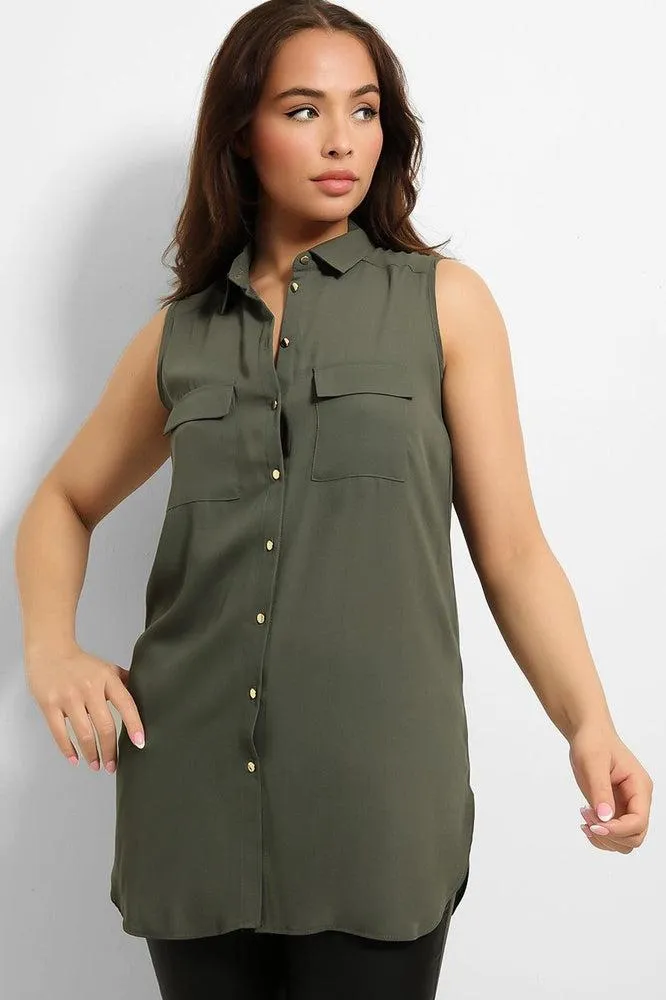 Gold Buttons Pockets Sleeveless Chiffon Shirt