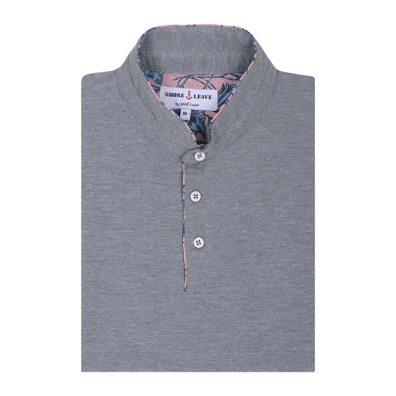 Grey Mandarin Collar Cotton T-shirt