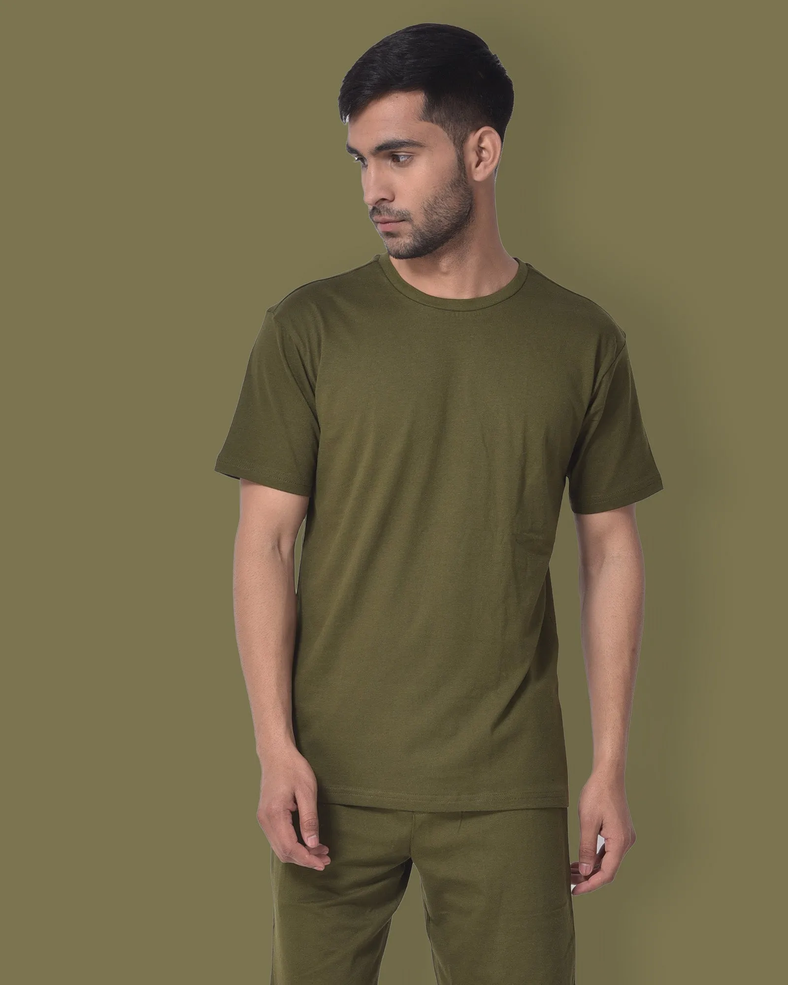 Half Sleeves Crew Neck: Olive Green