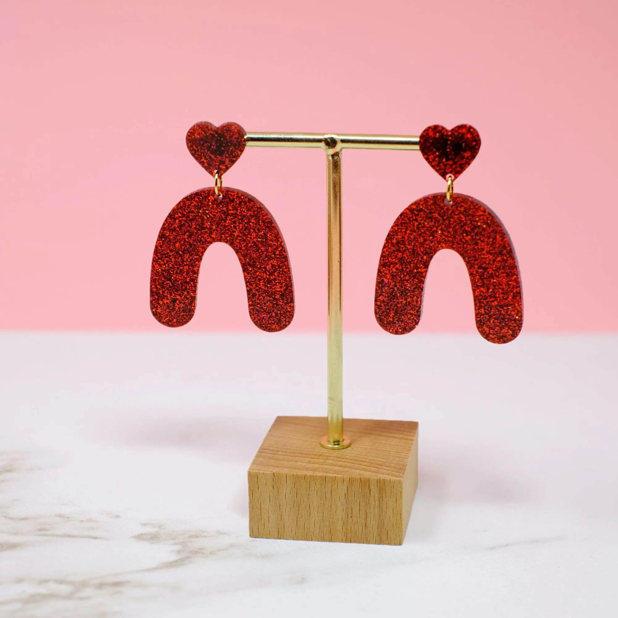 Heart Drop Arch Dangle Earrings - Red Glitter