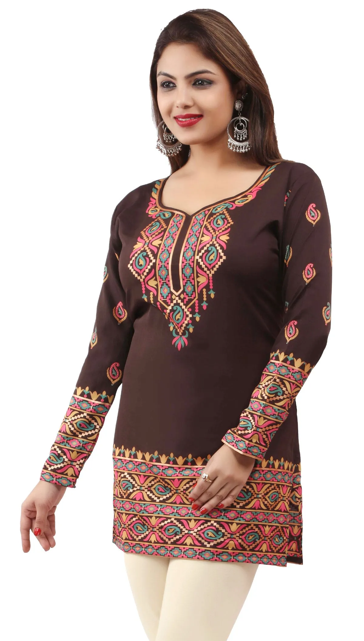 India Blouse Tunic Top Kurti Women's Printed Indian Apparel (Brown)