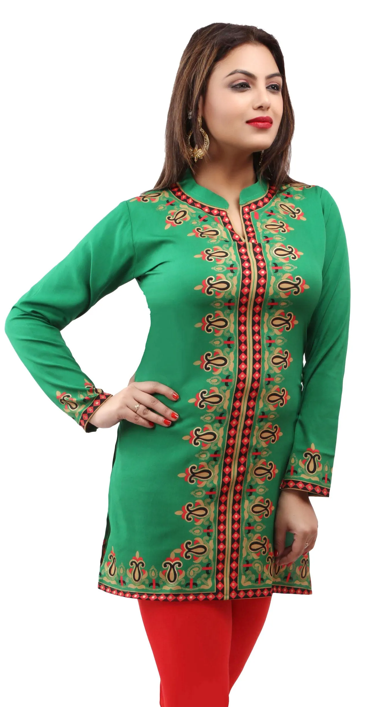 India Blouse Tunic Top Kurti Women's Printed Indian Apparel (Green)