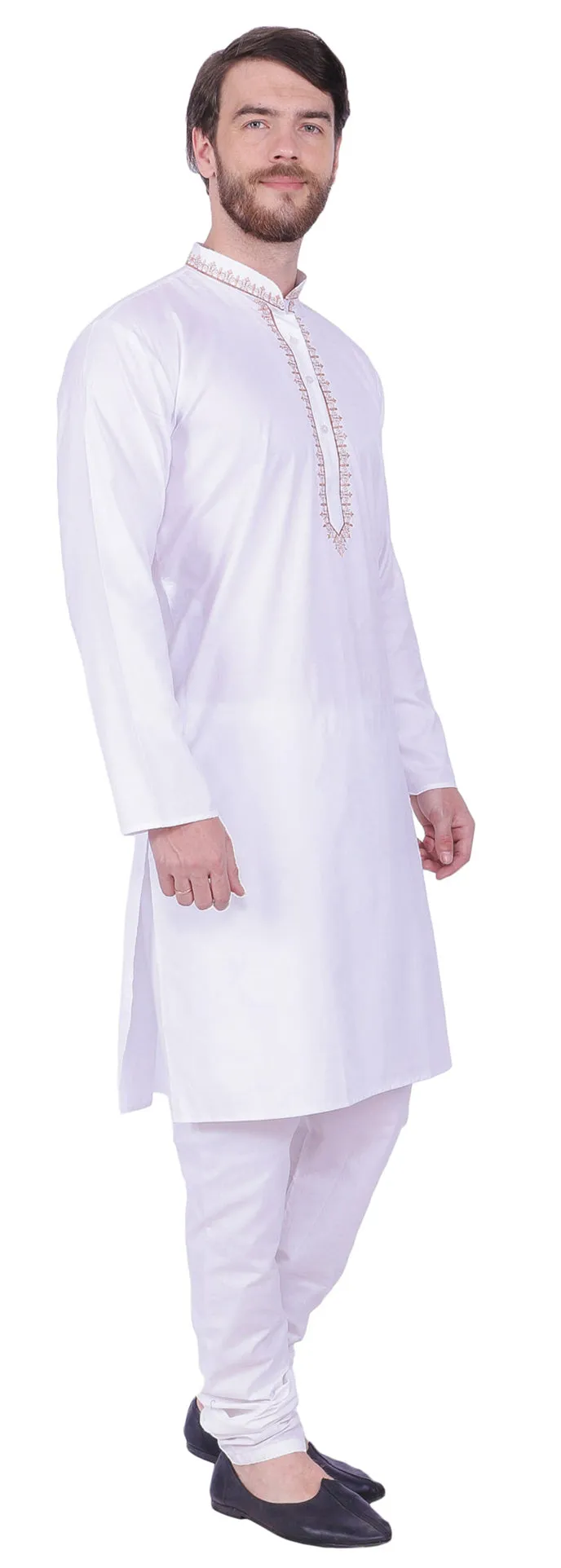 India Cotton Men's Embroidered Kurta Pyjama Indian Clothing Party Wear (Off-White)