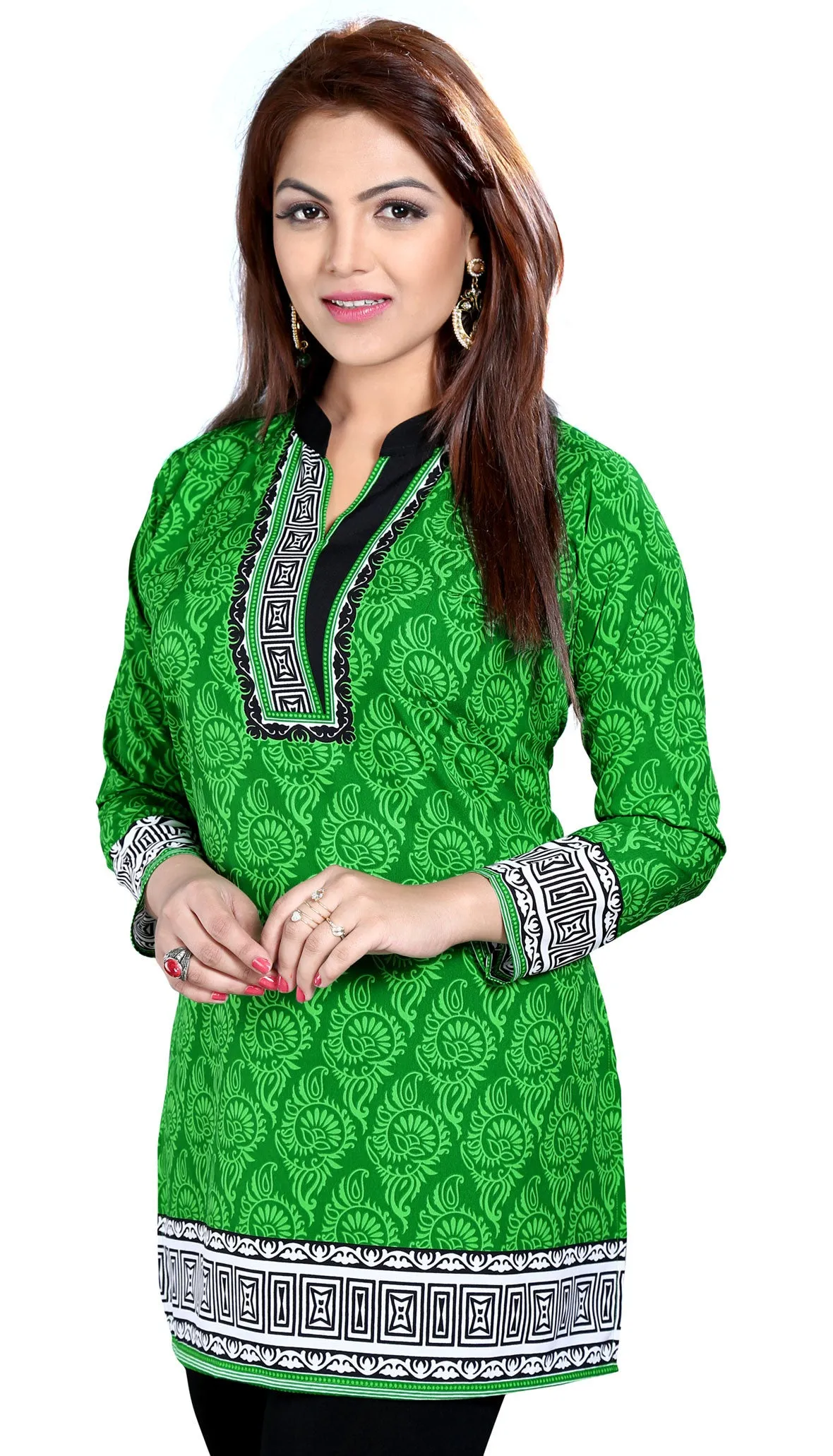 India Tunic Top Kurti Womens Printed Blouse Indian Apparel (Green)