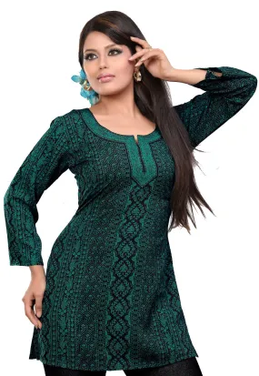 India Tunic Top Kurti Womens Printed Blouse Indian Apparel (Green)