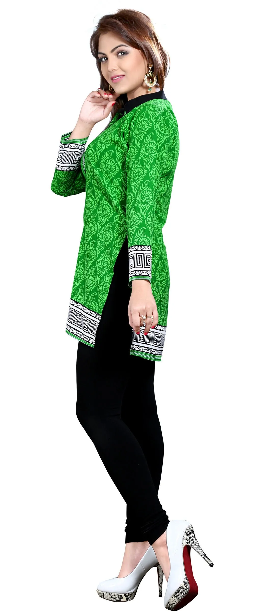 India Tunic Top Kurti Womens Printed Blouse Indian Apparel (Green)