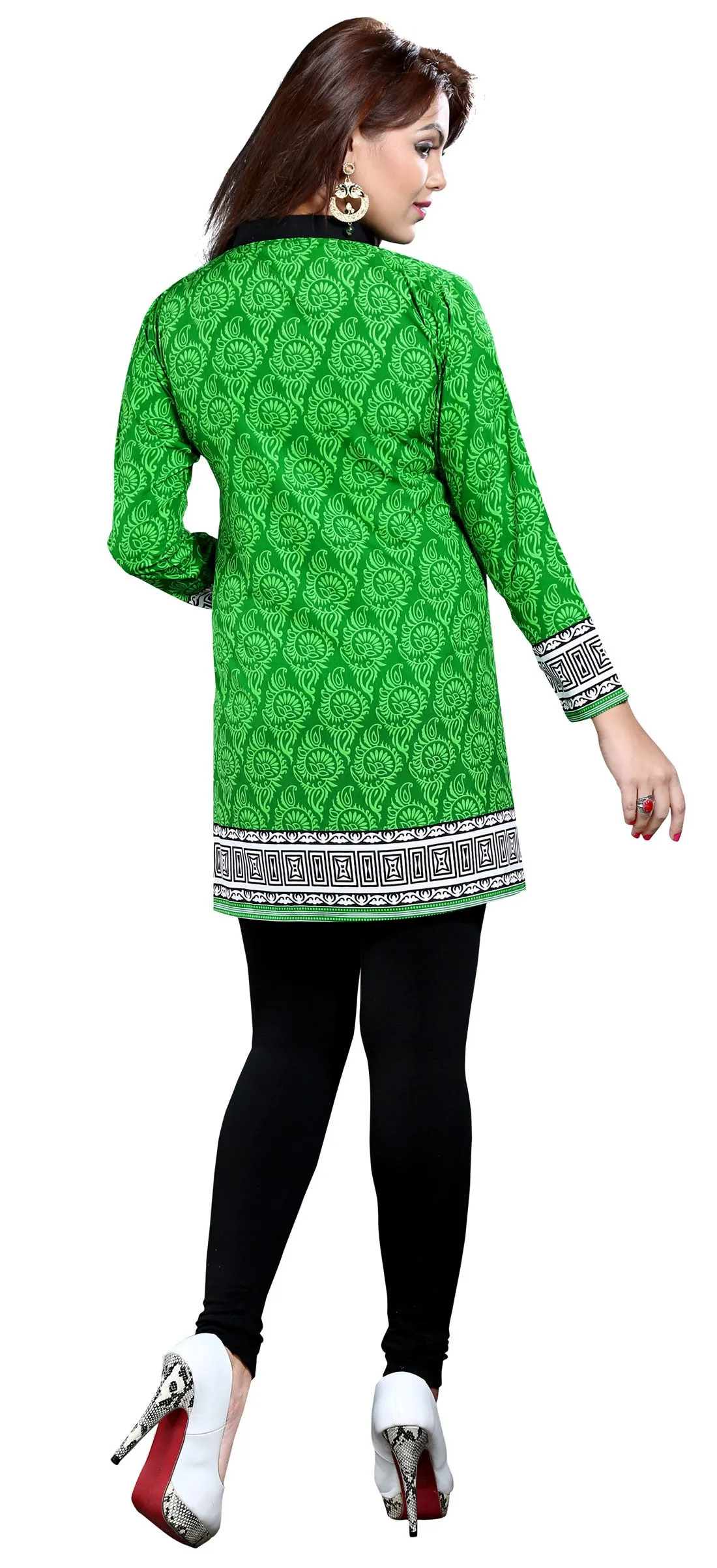 India Tunic Top Kurti Womens Printed Blouse Indian Apparel (Green)