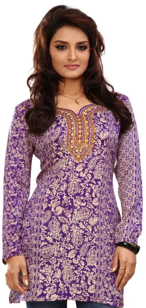 India Tunic Top Short Kurti Women's Printed Indian Clothing (Purple)