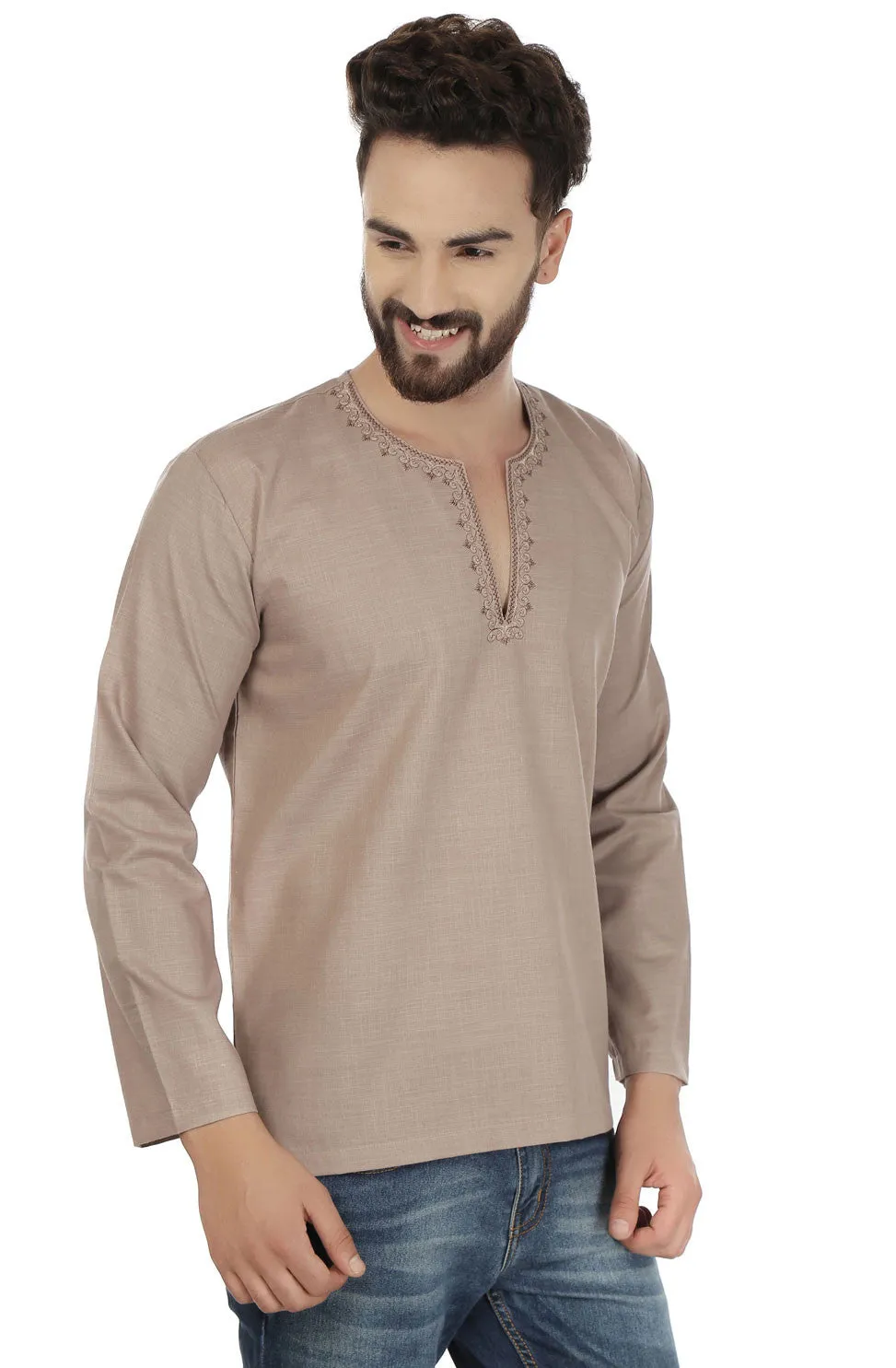 Indian Clothing Cotton Short Kurta for Men (Brown)