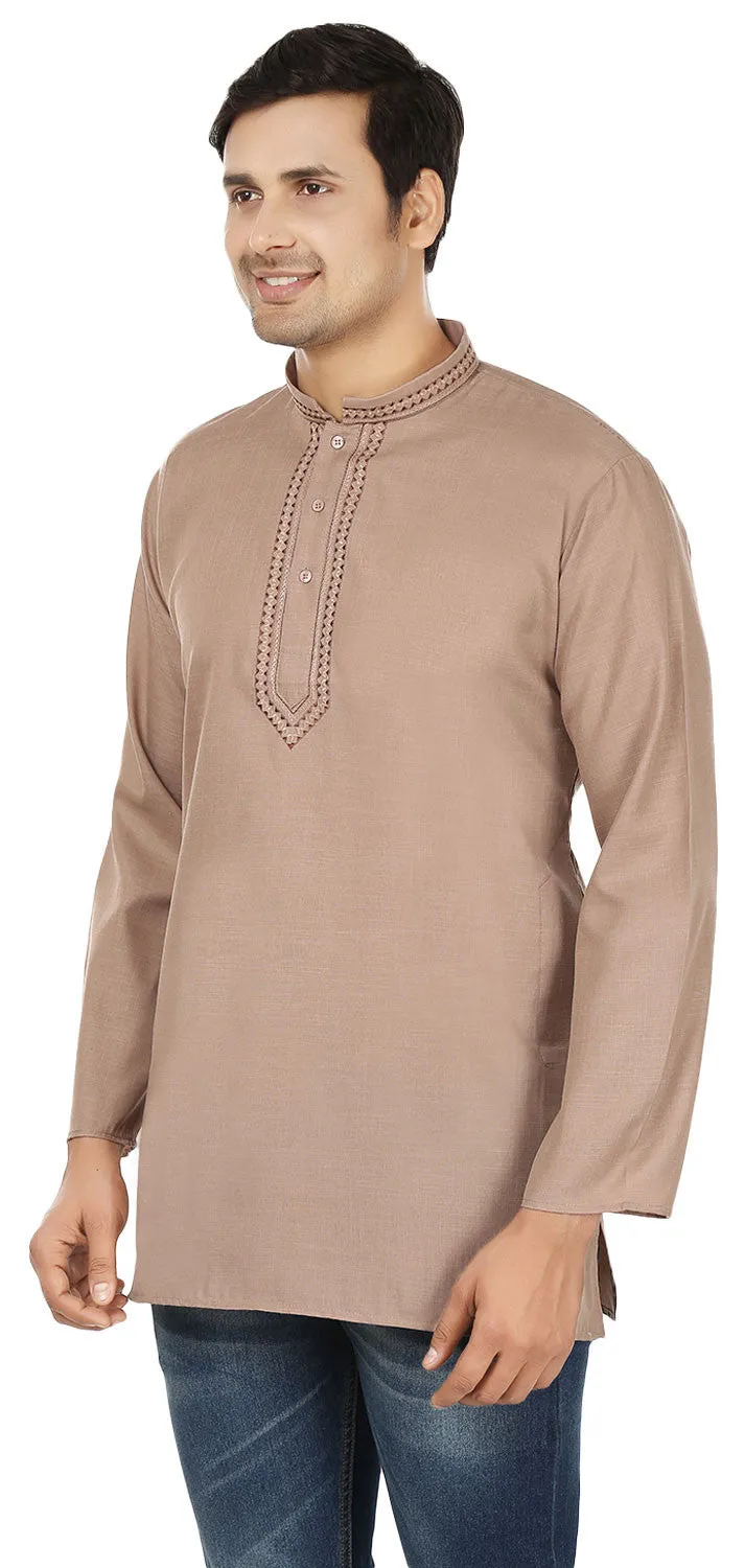 Indian Clothing Embroidered Cotton Short Kurta for Men (Brown)