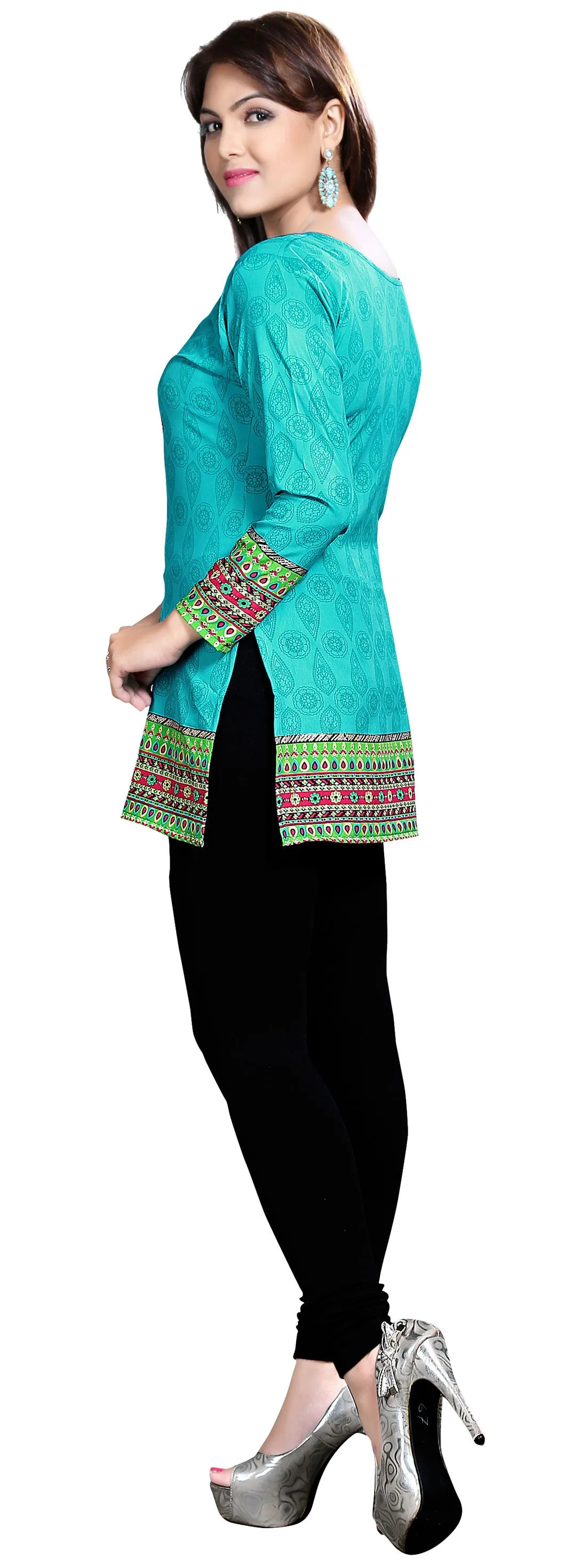 Indian Long Kurti Top Tunic Printed Womens India Clothes (Green)