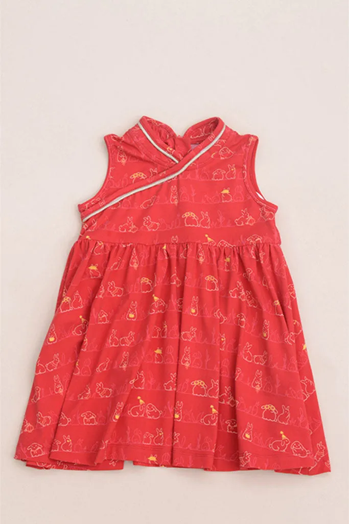 Jersey Flare Cheongsam - Red Bunnies In A Row