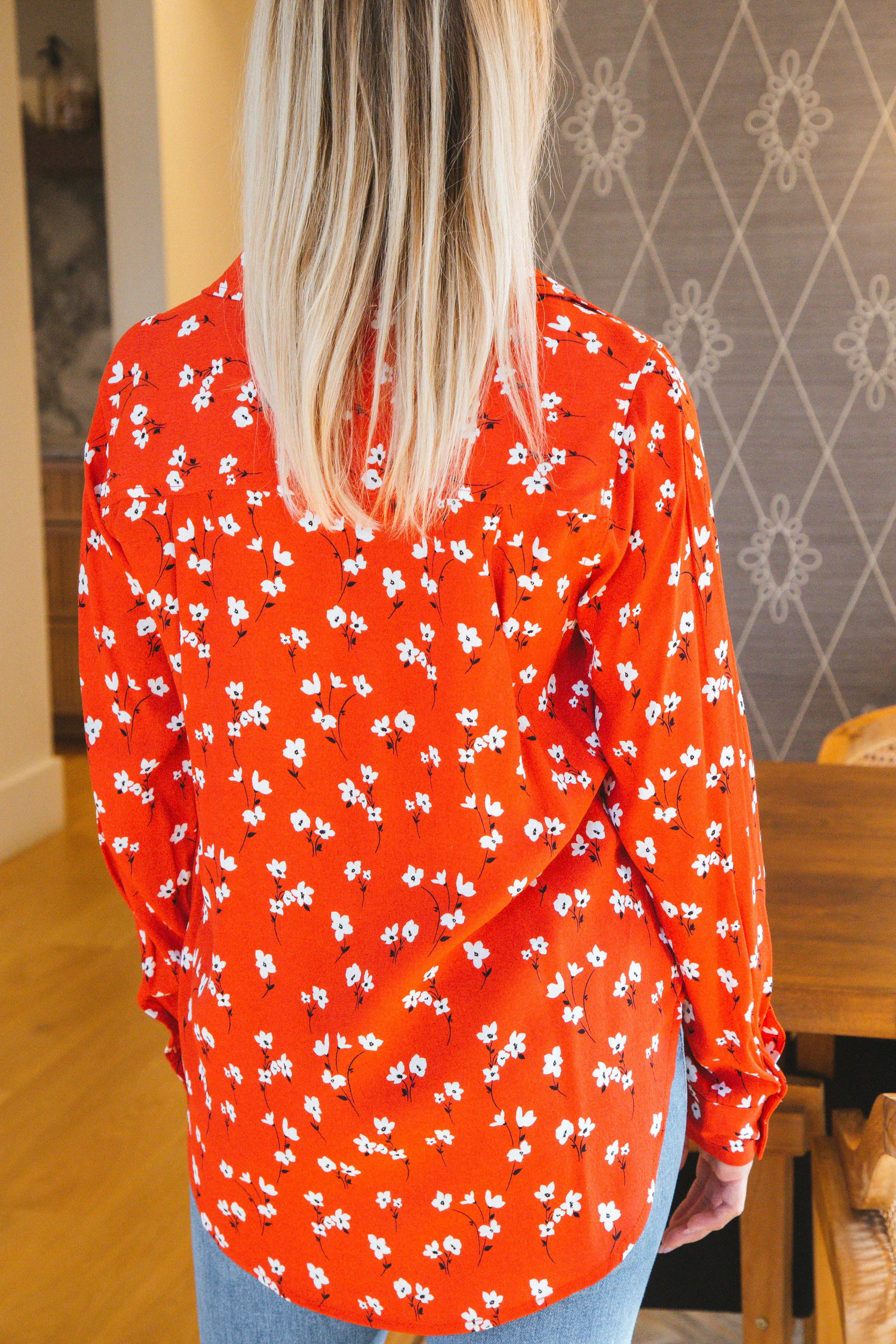 Kacia Printed Button Up Top, Red Poppy | Velvet Heart