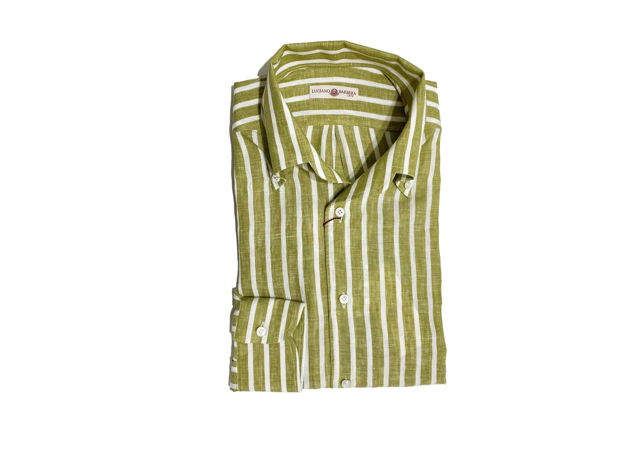 LUCIANO BARBERA Long Sleeve Linen Stripe Shirt (Green)