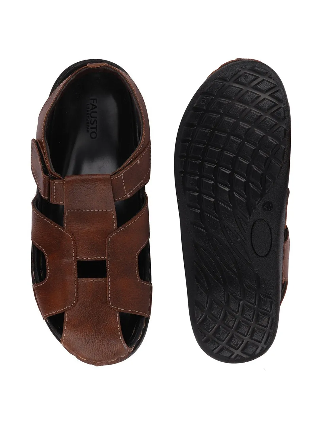 Men Brown Casual Hook & Loop Fishermen Sandals