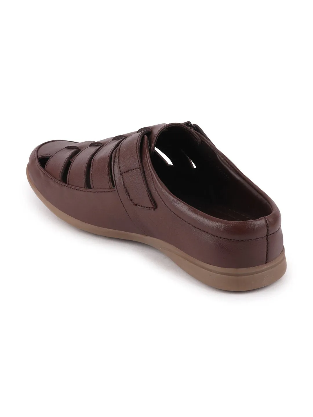 Men Brown Casual Leather Hook & Loop Back Open Roman Sandals