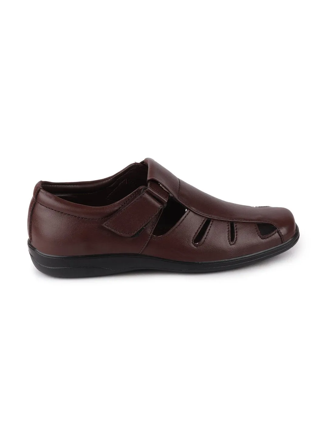 Men Brown Formal Leather Hook & Loop Flat Sandals