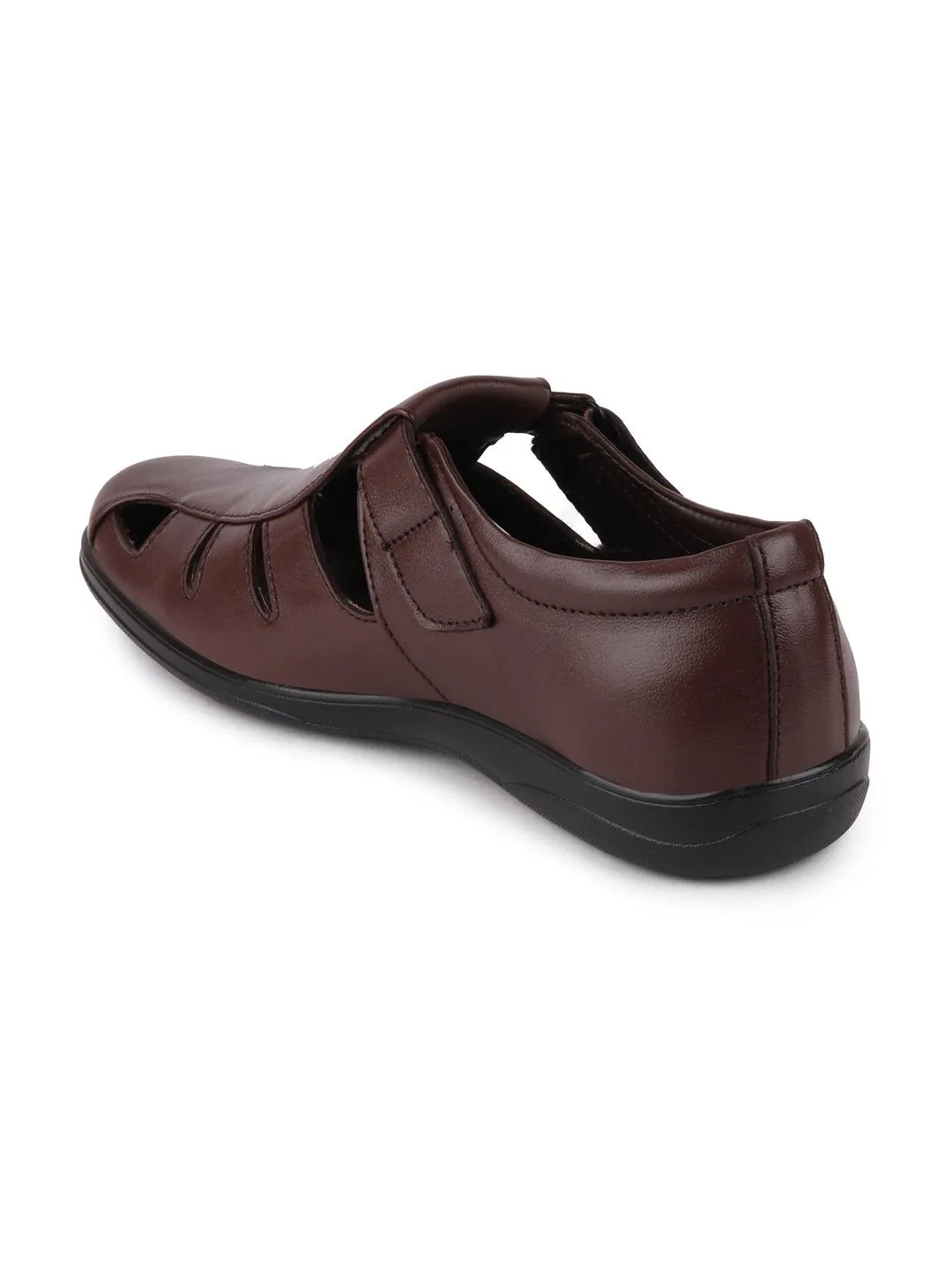 Men Brown Formal Leather Hook & Loop Flat Sandals