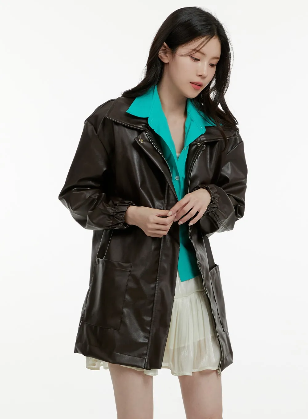 Midi Zip-Up Faux Leather Jacket OA405