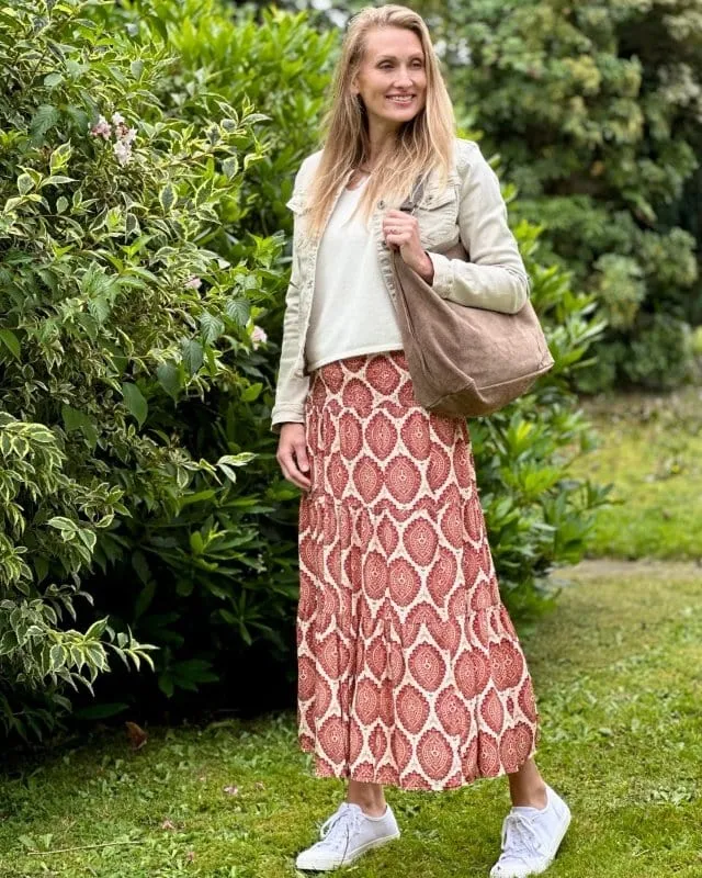 Patterned Tiered Skirt/Dress - Rust Red